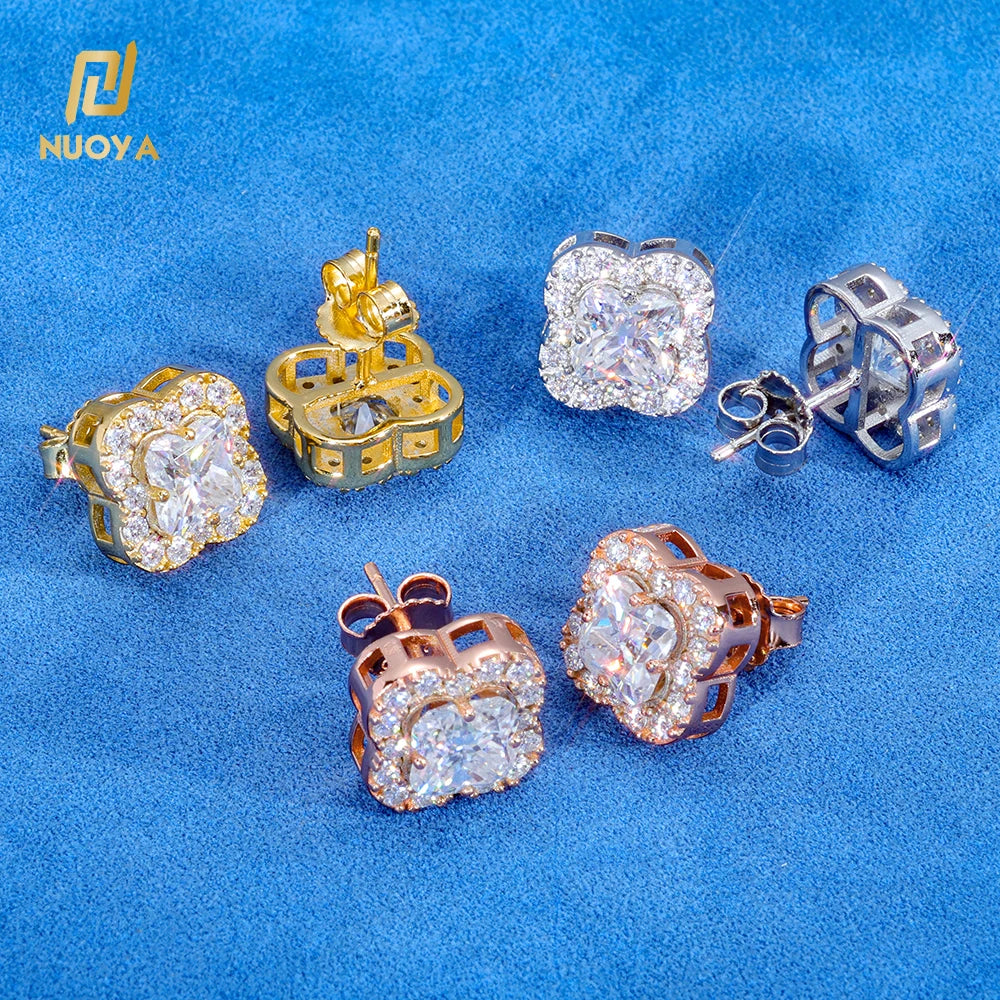 NUOYA Luxury Jewelry 4 Prong Clover Shape Moissanite Earrings 925 Sterling Silver Iced Out Diamond Earring for Women