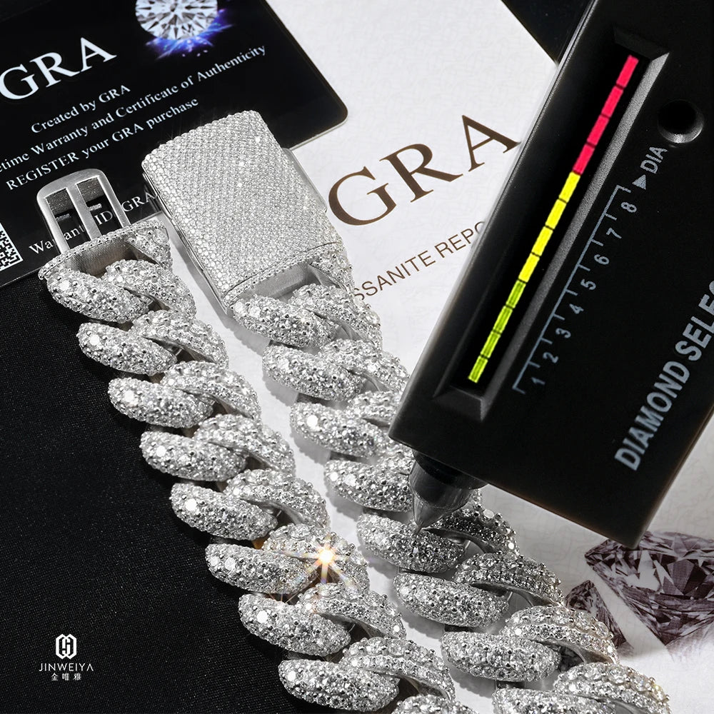 18mm  Moissanite Cuban Chain S925 Sterling Silver Thick Iced Out VVS Clarity Hip Hop Style Raised Pointer Cuban Link Chain