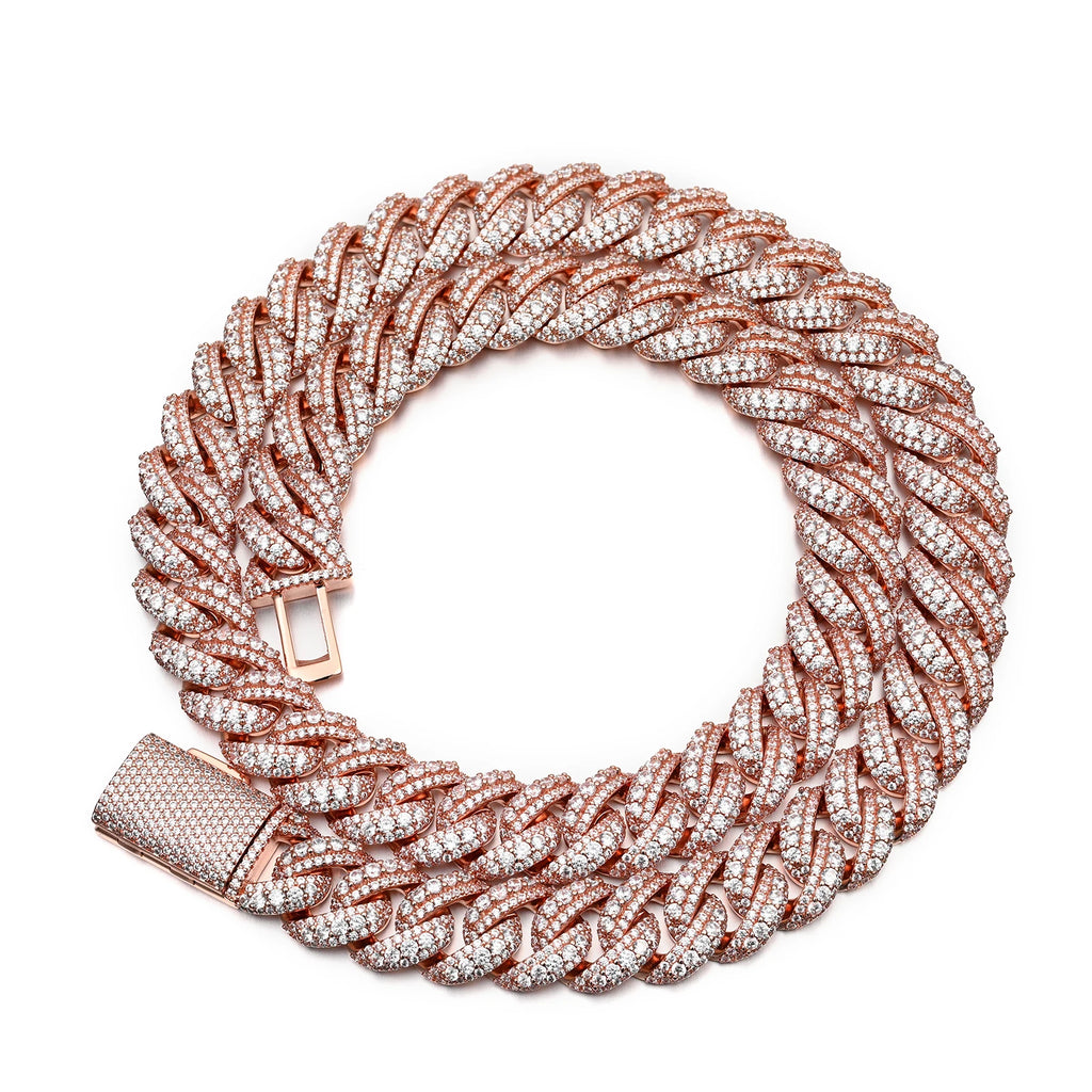 14MM Raised Pointer Cuban Link Chain Brass VVS Diamond Moissanite Rose Gold Plated Iced Out Necklace Hip Hop Jewelry