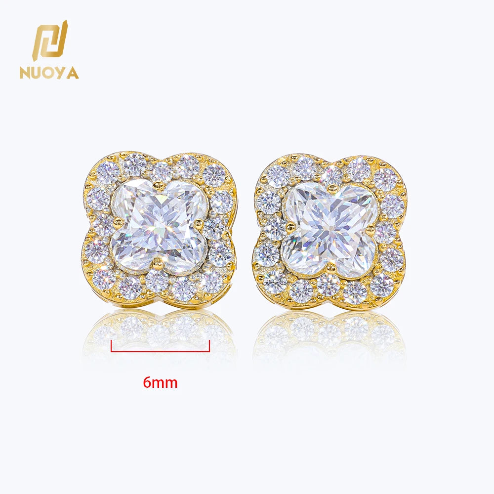 NUOYA Luxury Jewelry 4 Prong Clover Shape Moissanite Earrings 925 Sterling Silver Iced Out Diamond Earring for Women