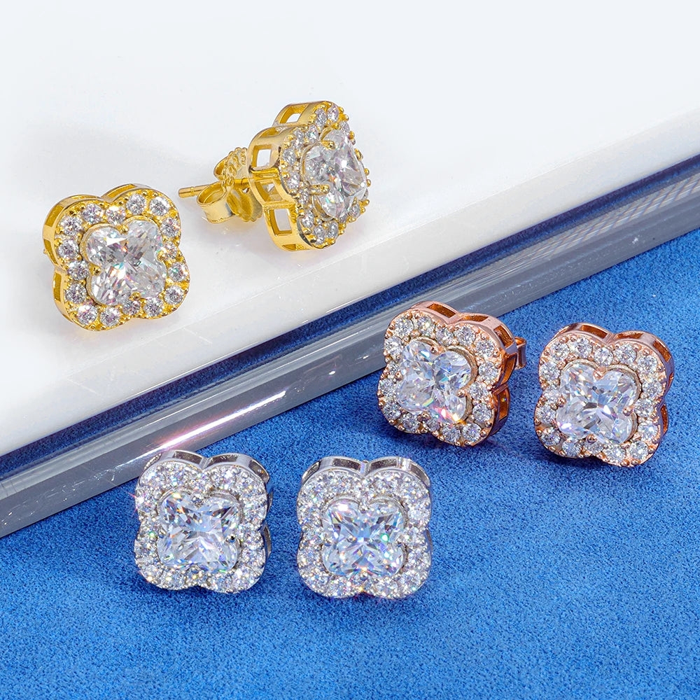NUOYA Luxury Jewelry 4 Prong Clover Shape Moissanite Earrings 925 Sterling Silver Iced Out Diamond Earring for Women