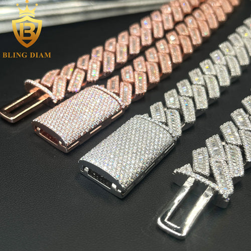 18mm Cuban Link Chain Iced Out Hip Hop Moissanite Necklace baguette Cut VVS Moissanite 925 Sterling  Silver Cuban Chain Necklace