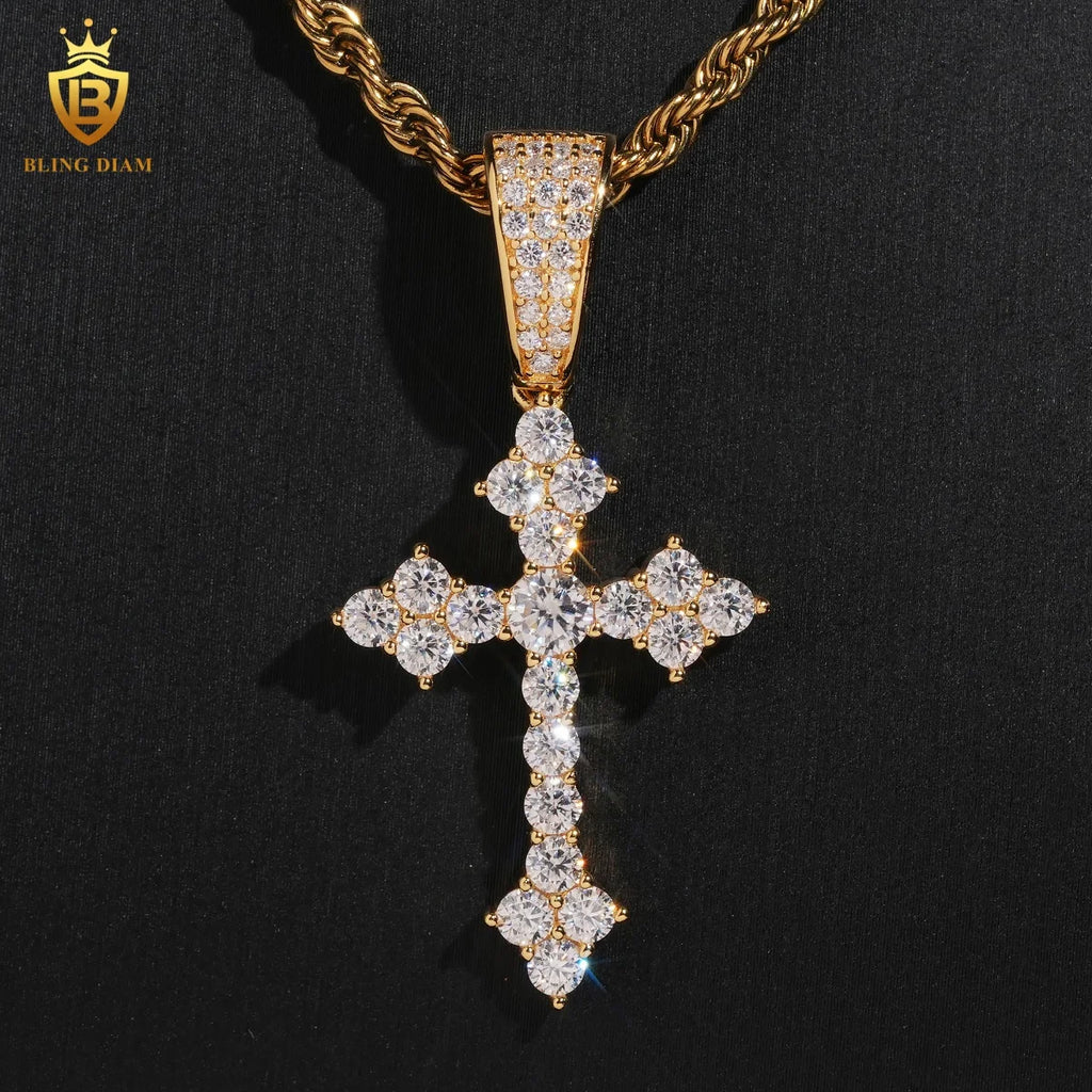 Hiphop Cross Pendant Charms 925 Silver Gold Plated Round Brilliant Moissanite Pendant GRA Certified Moissanite Pendant