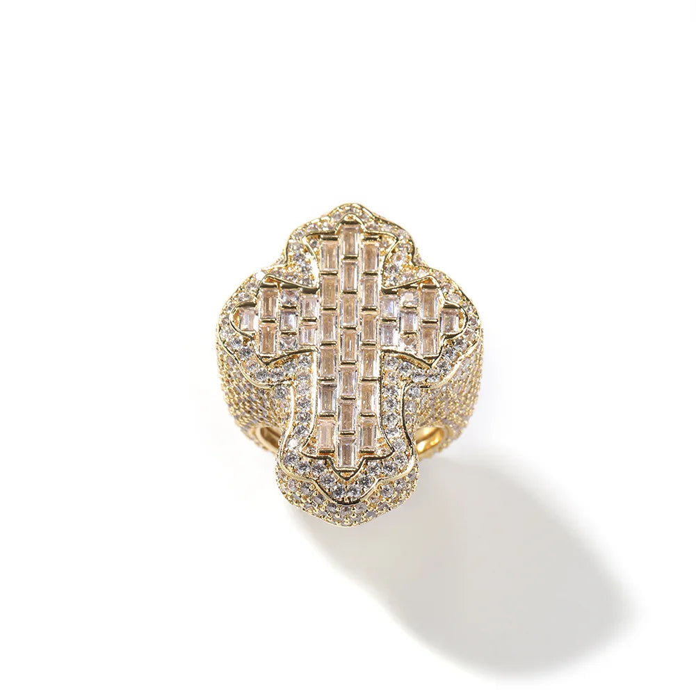 Baguette Jesus Cross Ring Fully Iced Out 5A Zircon Brass Cross Ring Vintage Hip Hop Jewelry for Rapper Men