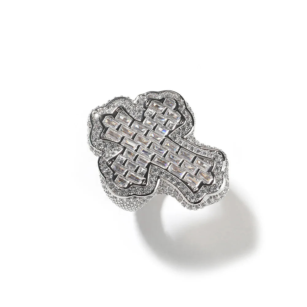 Baguette Jesus Cross Ring Fully Iced Out 5A Zircon Brass Cross Ring Vintage Hip Hop Jewelry for Rapper Men
