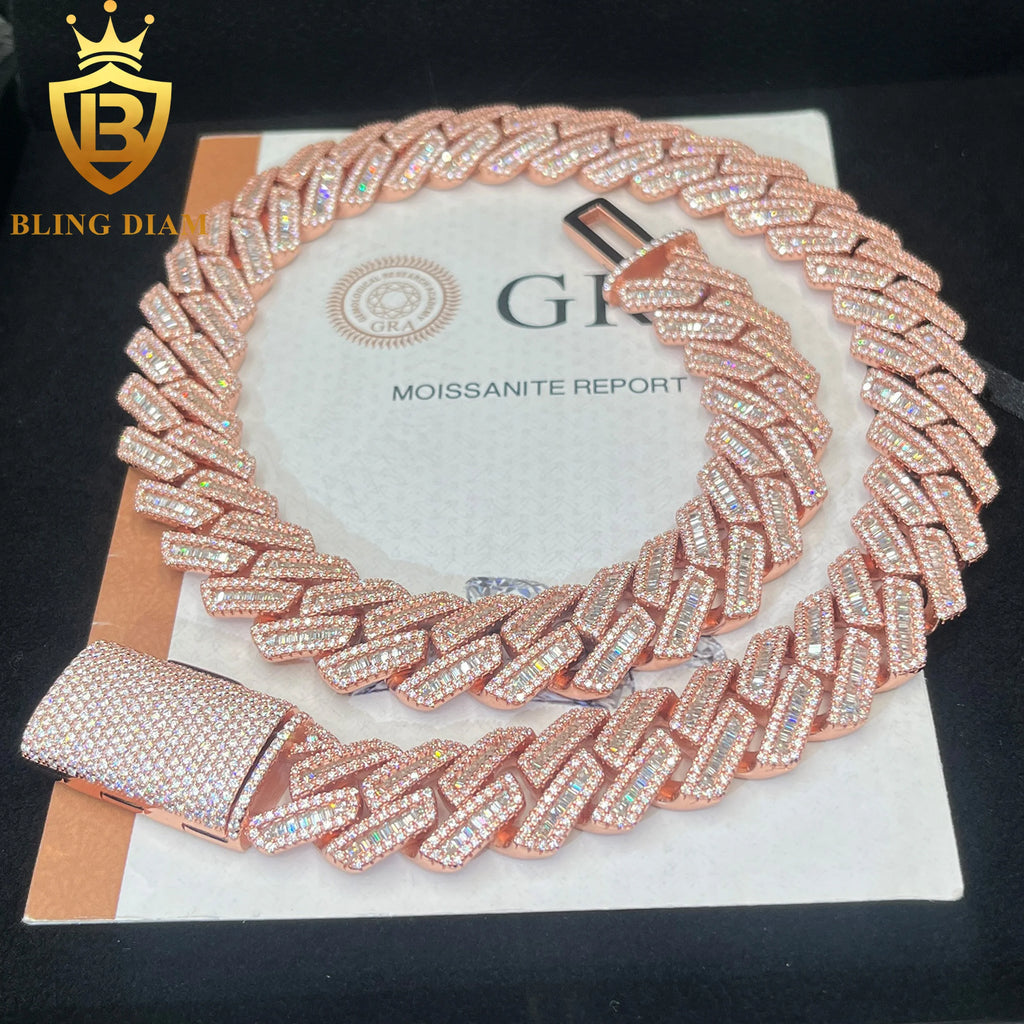 18mm Cuban Link Chain Iced Out Hip Hop Moissanite Necklace baguette Cut VVS Moissanite 925 Sterling  Silver Cuban Chain Necklace