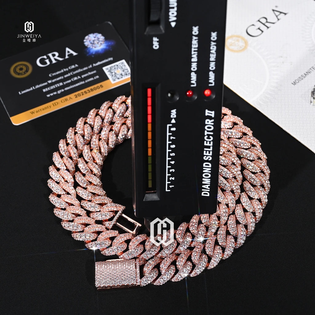 14MM Raised Pointer Cuban Link Chain Brass VVS Diamond Moissanite Rose Gold Plated Iced Out Necklace Hip Hop Jewelry