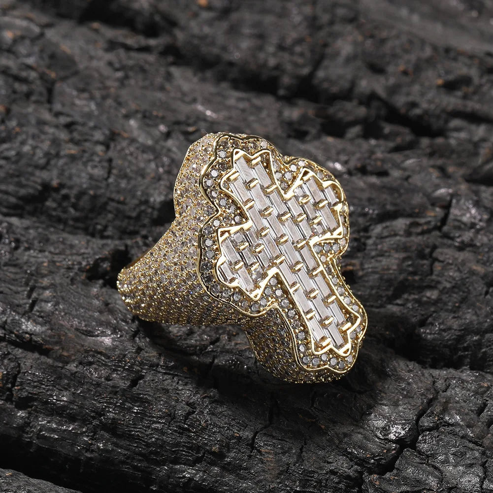 Baguette Jesus Cross Ring Fully Iced Out 5A Zircon Brass Cross Ring Vintage Hip Hop Jewelry for Rapper Men