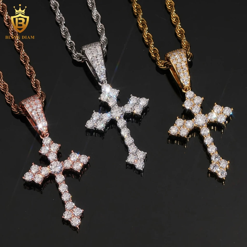 Hiphop Cross Pendant Charms 925 Silver Gold Plated Round Brilliant Moissanite Pendant GRA Certified Moissanite Pendant