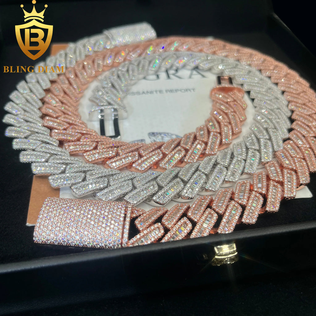 18mm Cuban Link Chain Iced Out Hip Hop Moissanite Necklace baguette Cut VVS Moissanite 925 Sterling  Silver Cuban Chain Necklace