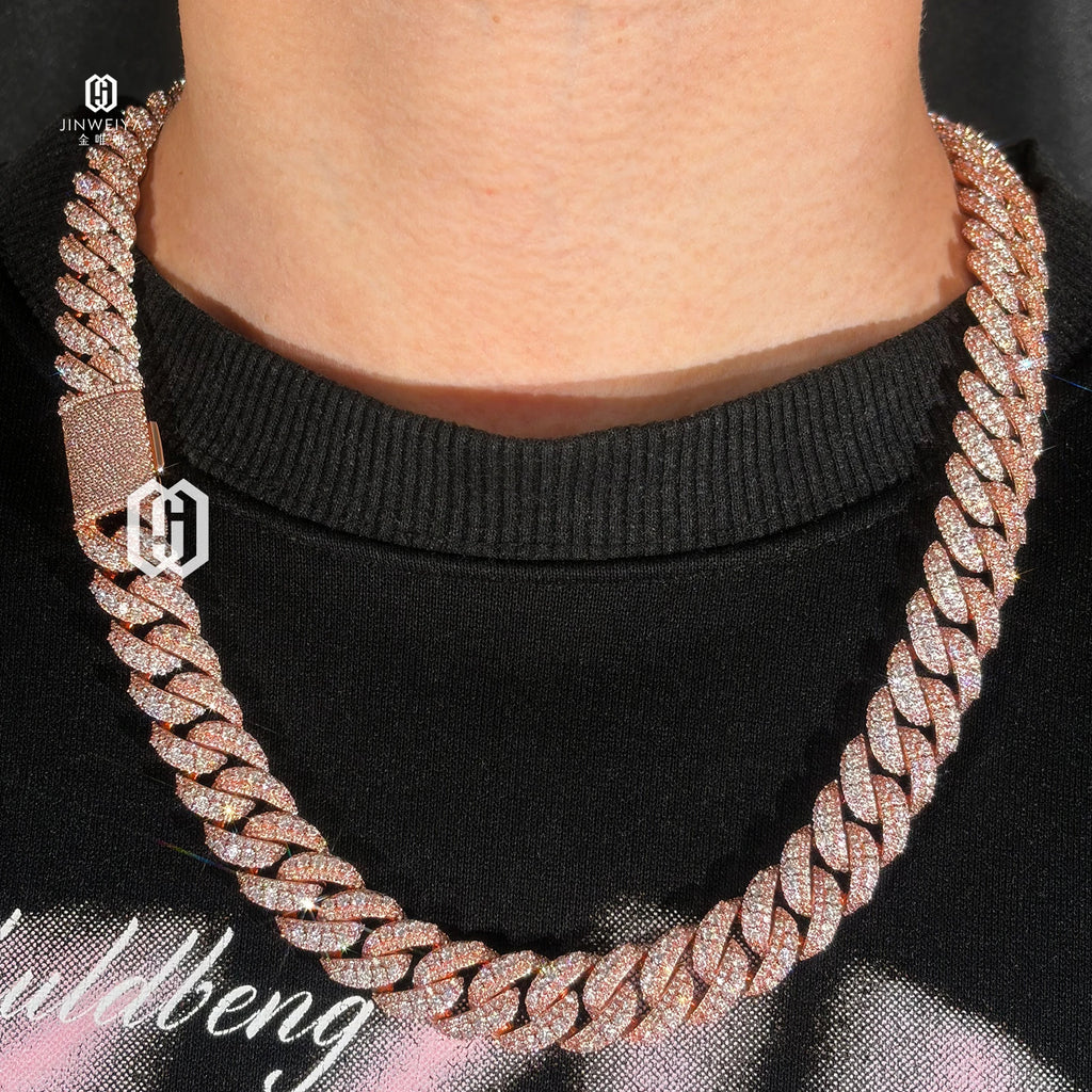 14MM Raised Pointer Cuban Link Chain Brass VVS Diamond Moissanite Rose Gold Plated Iced Out Necklace Hip Hop Jewelry