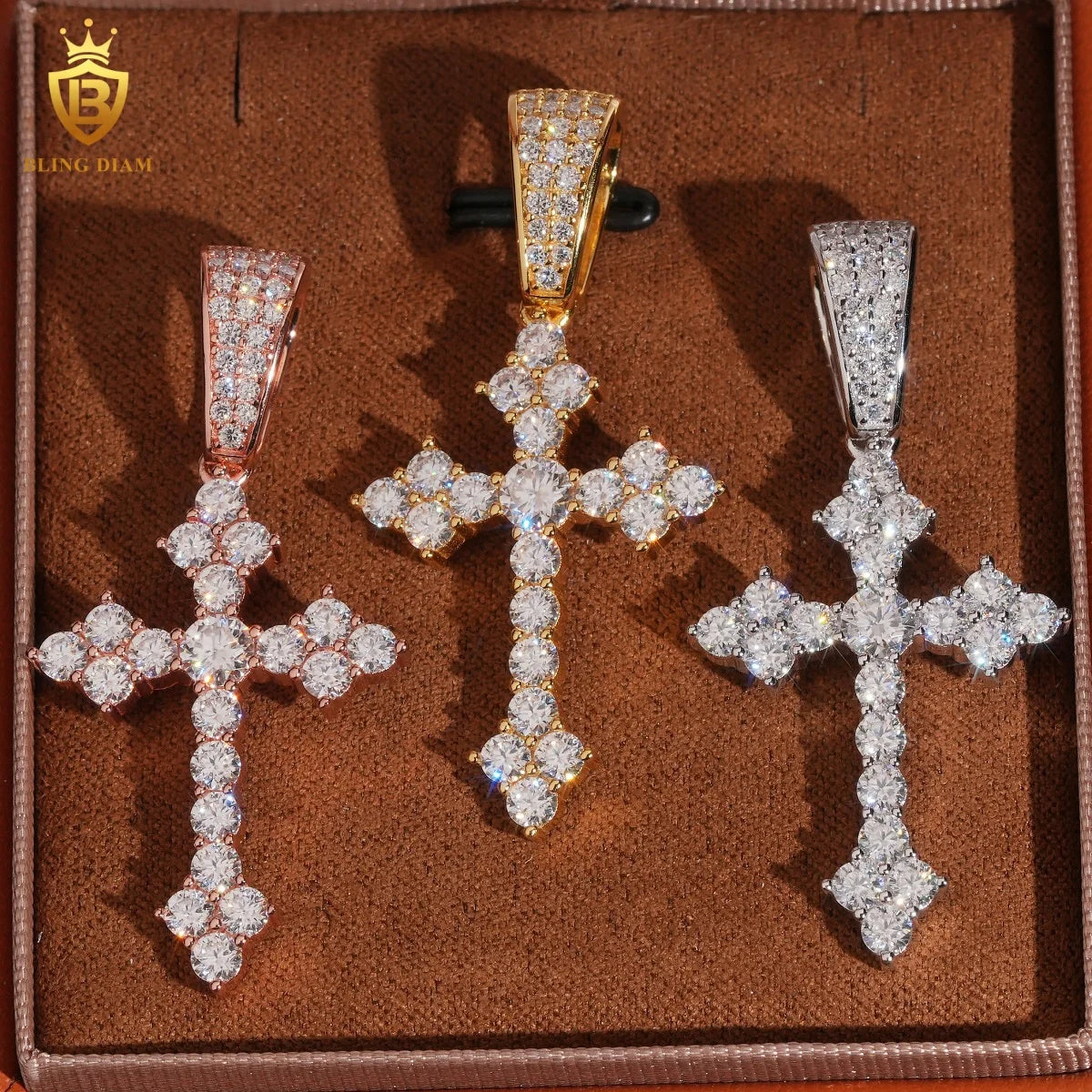 Hiphop Cross Pendant Charms 925 Silver Gold Plated Round Brilliant Moissanite Pendant GRA Certified Moissanite Pendant