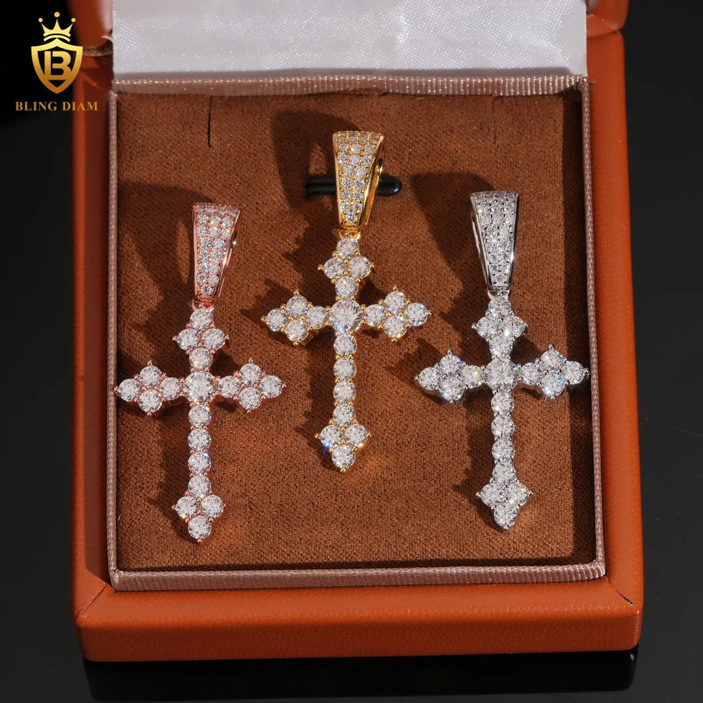 Hiphop Cross Pendant Charms 925 Silver Gold Plated Round Brilliant Moissanite Pendant GRA Certified Moissanite Pendant