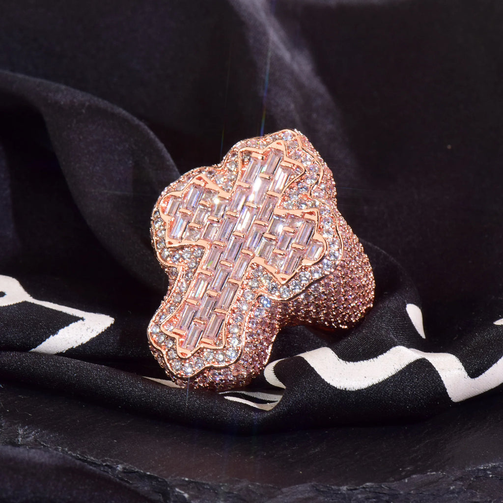 Baguette Jesus Cross Ring Fully Iced Out 5A Zircon Brass Cross Ring Vintage Hip Hop Jewelry for Rapper Men