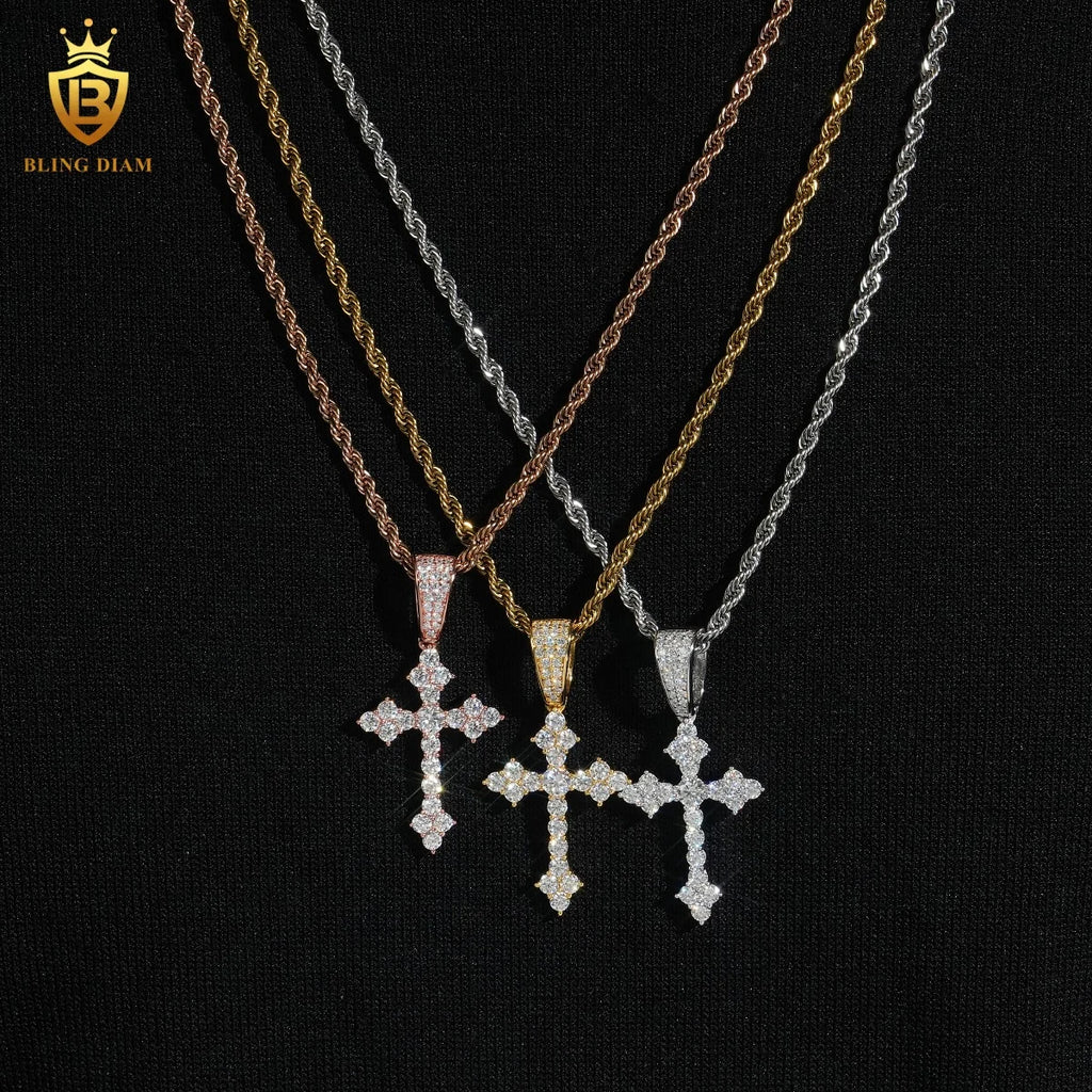 Hiphop Cross Pendant Charms 925 Silver Gold Plated Round Brilliant Moissanite Pendant GRA Certified Moissanite Pendant