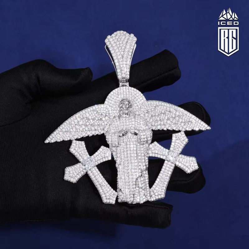 Mặt dây chuyền Bạc S925 đá Moissanite. Angel Jesus Pendant. Diamond Cross Wing MDC-CZ-10003