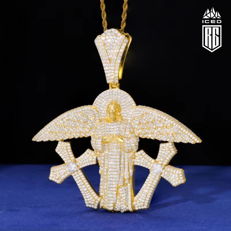 Mặt dây chuyền Bạc S925 đá Moissanite. Angel Jesus Pendant. Diamond Cross Wing MDC-CZ-10003