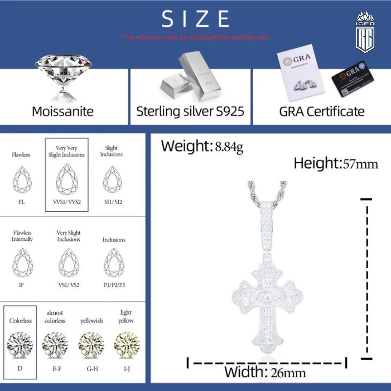 Mặt Dây chuyền Đá Moissanite D VVS1. 925 Sterling Silver Cross Pendant. MDC-CZ-10002
