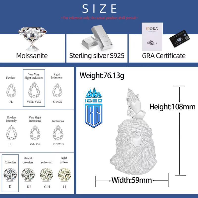 Mặt dây chuyền Jesus Christ Head Pendant Moissanite Praying Hands Charm 925 Silver. MDC-CZ-10008