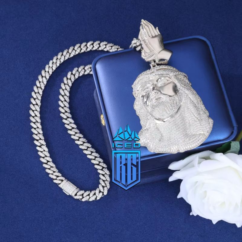 Mặt dây chuyền Jesus Christ Head Pendant Moissanite Praying Hands Charm 925 Silver. MDC-CZ-10008