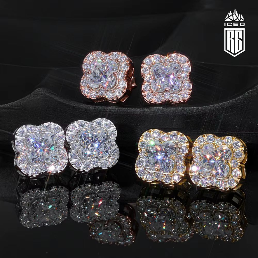 Bông Tai Hoa Bạc, Vàng hồng đá Moissanite. S925 Silver Moissanite Flower Earrings. BT-CZ-10001