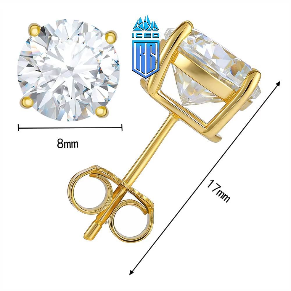 Bông tai 8mm Moissanite Earring S925 .VVS 18K Gold Plated Stud Ear Gift BT-CZ-10002