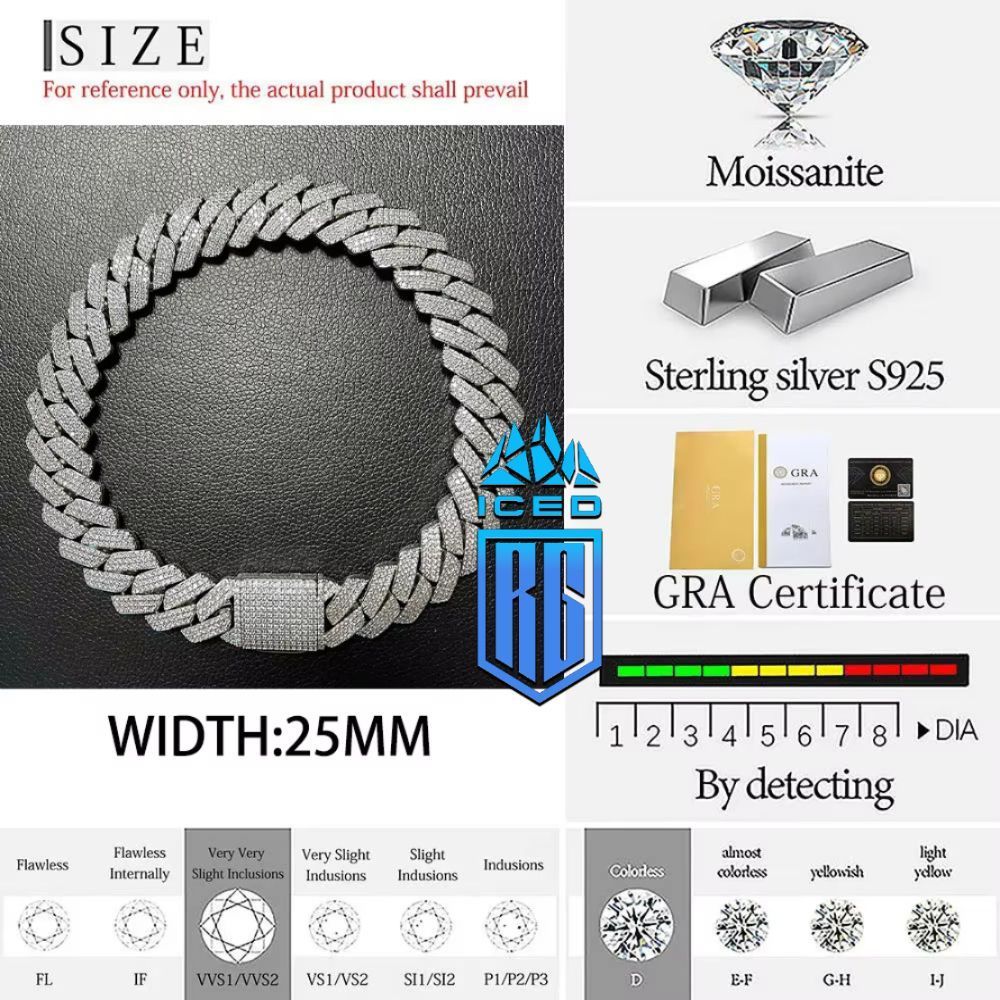 Dây chuyền bạc S925, đá Moissanite VVS kiểm định GRA 25MM. Moissanite Chain VVS Cuban. DC-MS-10001