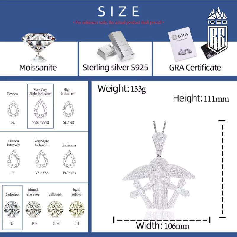 Mặt dây chuyền Bạc S925 đá Moissanite. Angel Jesus Pendant. Diamond Cross Wing MDC-CZ-10003