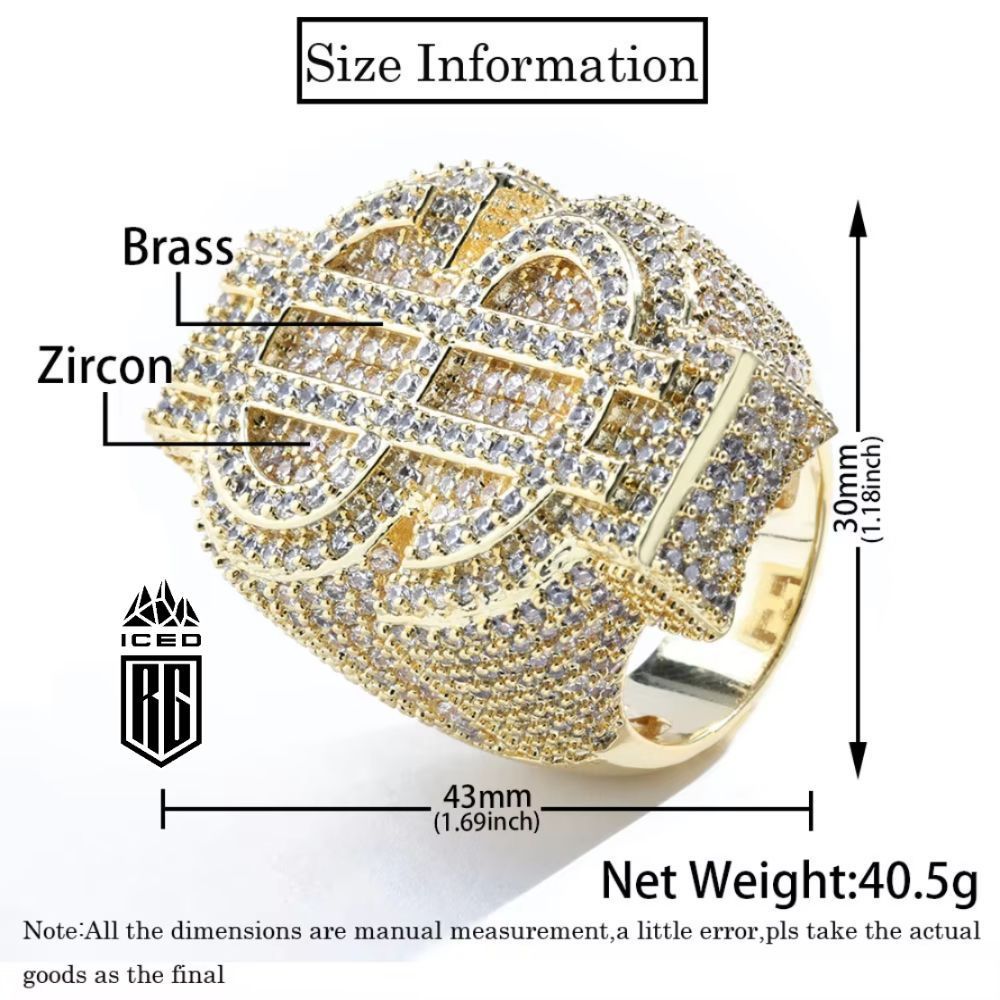Nhẫn Hip Hop Đô la. Full Ice Out Zircon Money Big $ 18k Gold Plated Ring For Women Men. NX-CZ-10001