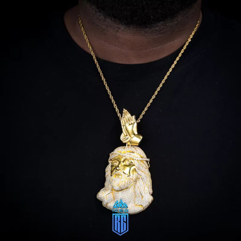 Mặt dây chuyền Jesus Christ Head Pendant Moissanite Praying Hands Charm 925 Silver. MDC-CZ-10008