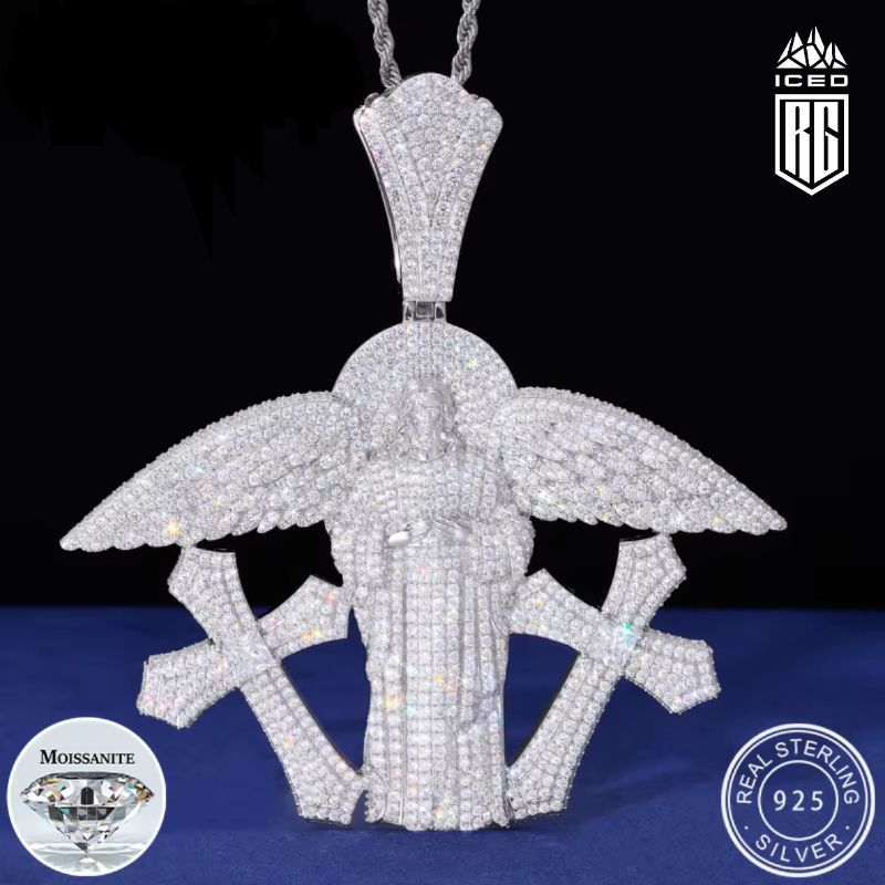 Mặt dây chuyền Bạc S925 đá Moissanite. Angel Jesus Pendant. Diamond Cross Wing MDC-CZ-10003