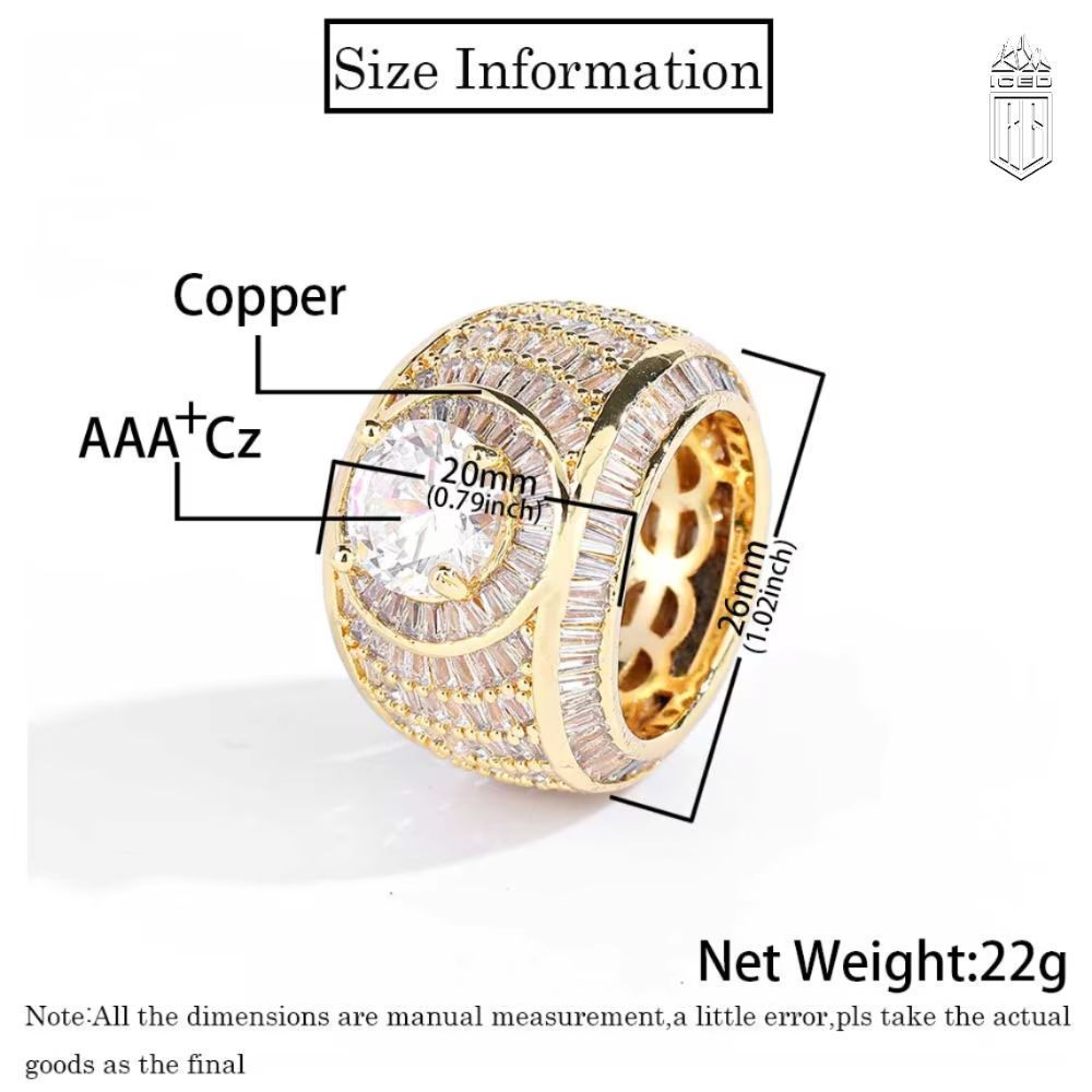 Nhẫn Hip Hop Claw Setting Big CZ Full Zircons Surface Ring Brass Shiny Rings. NX-CZ-10004