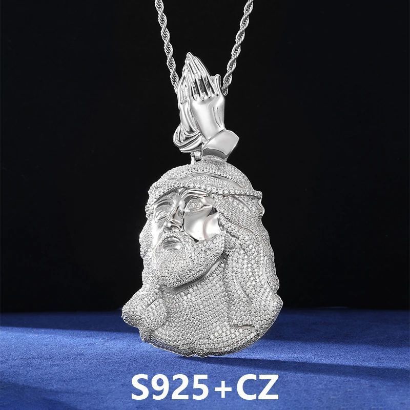 Mặt dây chuyền Jesus Christ Head Pendant Moissanite Praying Hands Charm 925 Silver. MDC-CZ-10008