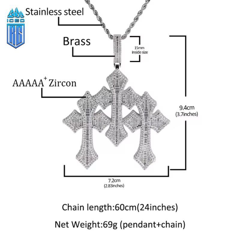 Mặt dây chuyền 3 Crosss CZ Stone Bling Ice Out Triple Cross Pendants Necklace. MDC-CZ-10006