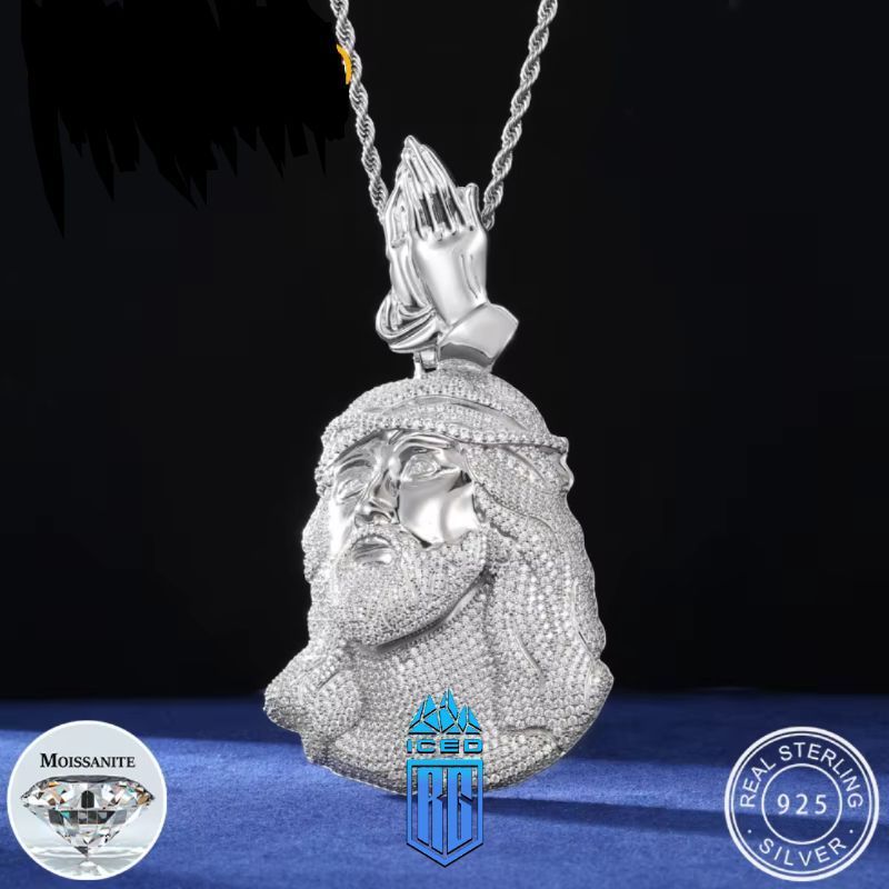 Mặt dây chuyền Jesus Christ Head Pendant Moissanite Praying Hands Charm 925 Silver. MDC-CZ-10008