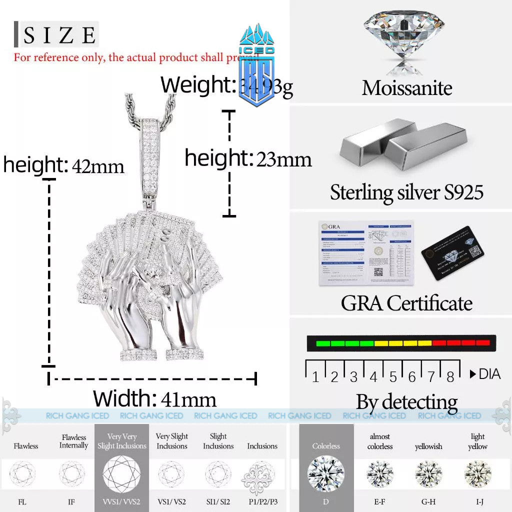 Men Luxury Iced Out Street Jewelry Gold Plated 925 Sterling Silver VVS Moissanite Diamond Hip Hop Flaunt Money Hand Pend