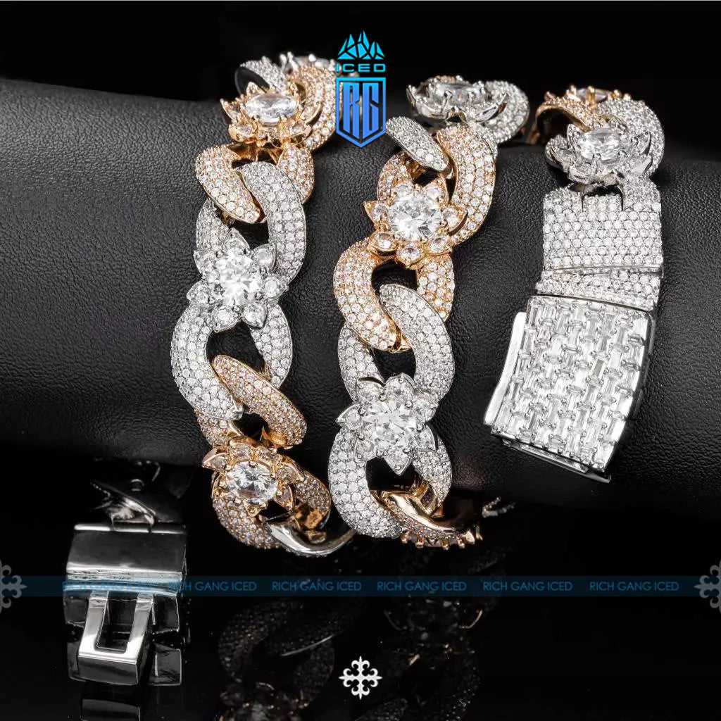 Dây chuyền trang sức Hip Hop, hai tông màu, vô cực đính đá Zircon, hình hoa đính đá CZ lấp lánh